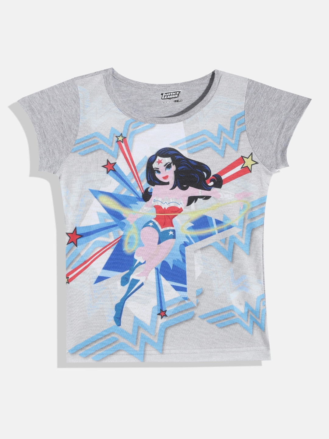 

Eteenz Girls Grey Melange & Blue Wonder Woman Printed Pure Cotton T-shirt