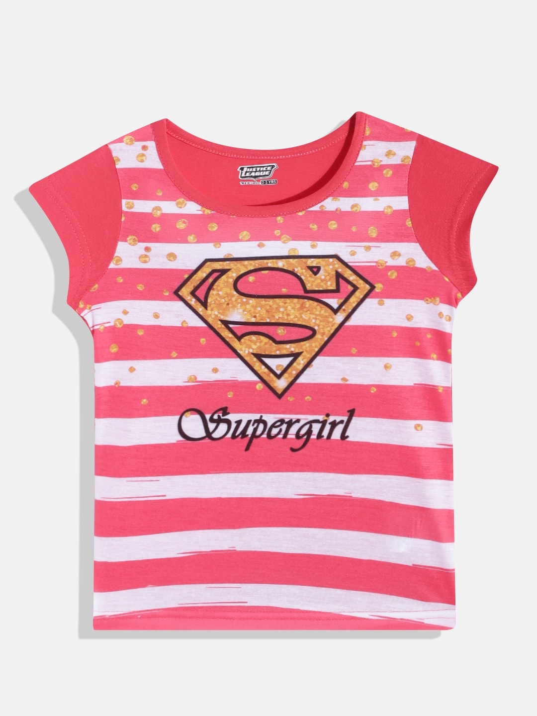 

Eteenz Girls Coral Pink & White Striped Justice League Printed Pure Cotton T-shirt