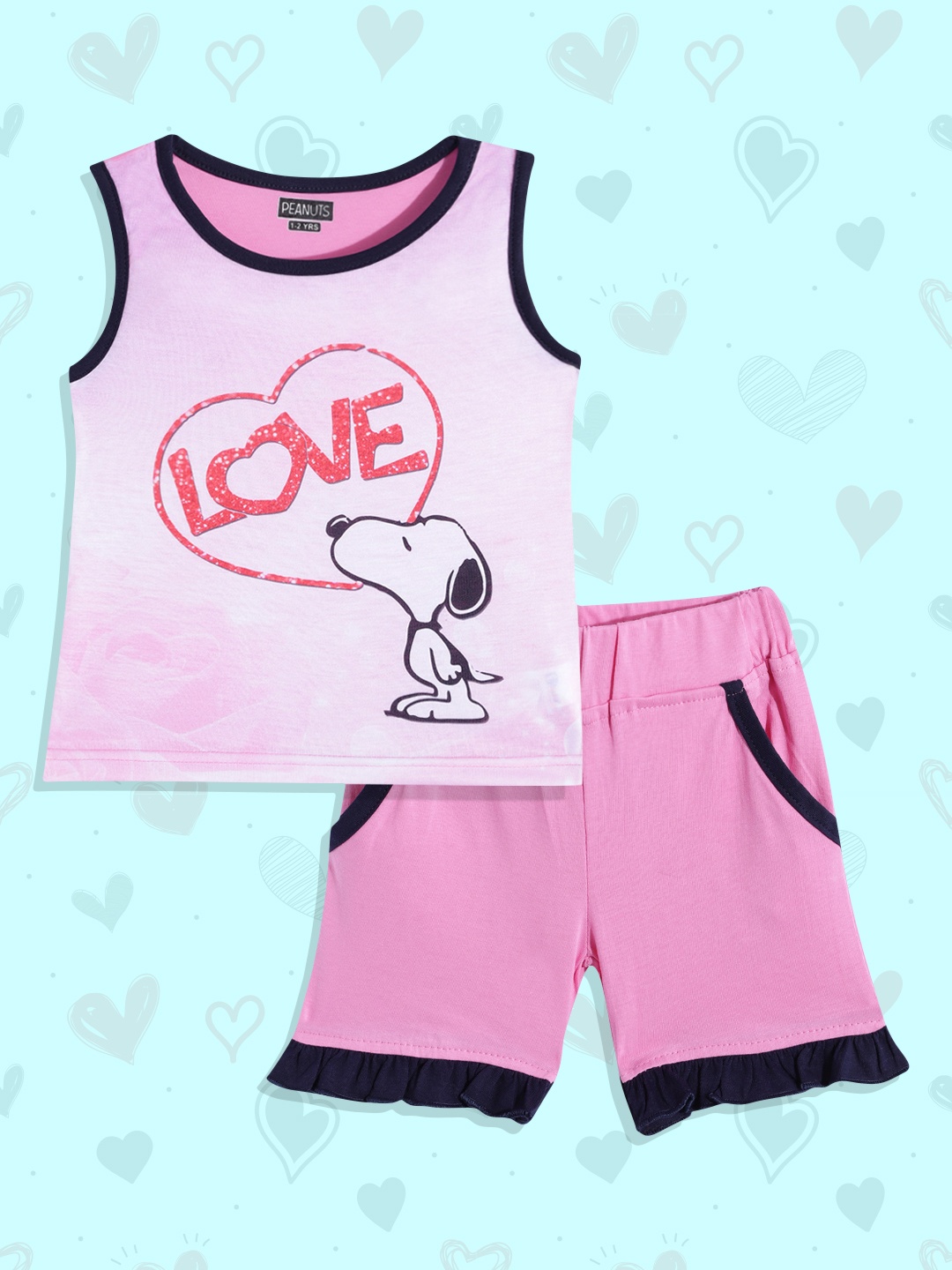 

Eteenz Girls Pink & Red Snoopy Printed T-shirt with Shorts