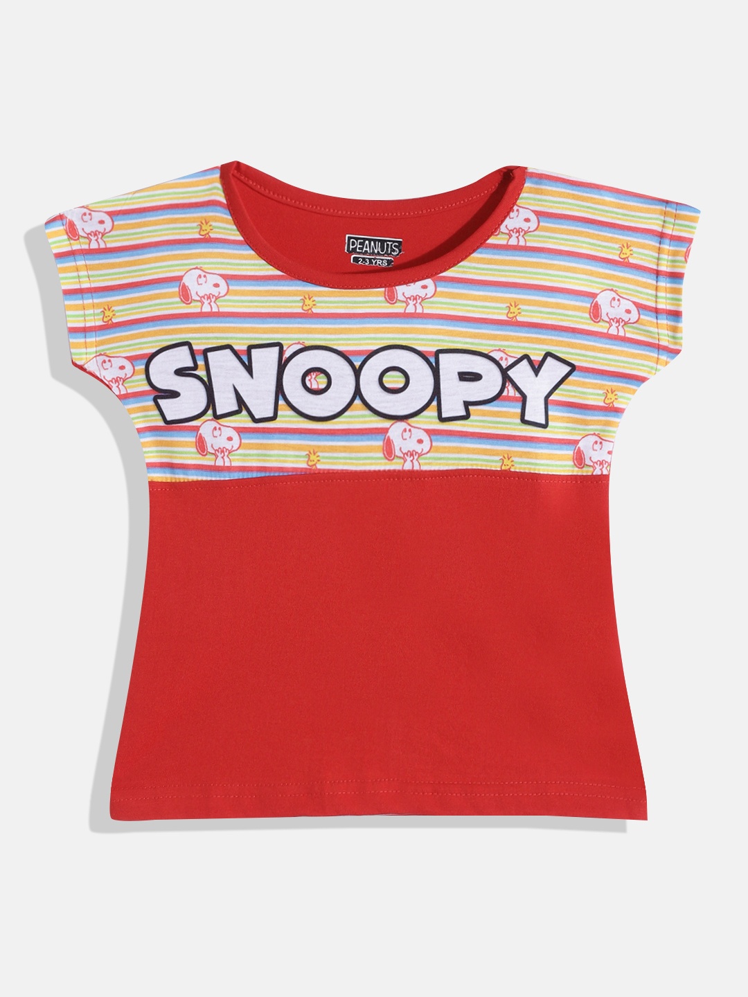 

Eteenz Girls Red & Yellow Snoopy Print Striped Extended Sleeves Top