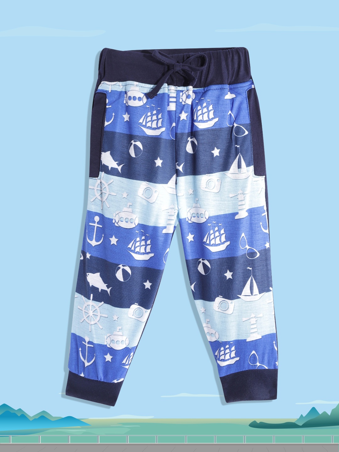 

Eteenz Boys Blue & White Striped & Printed Joggers