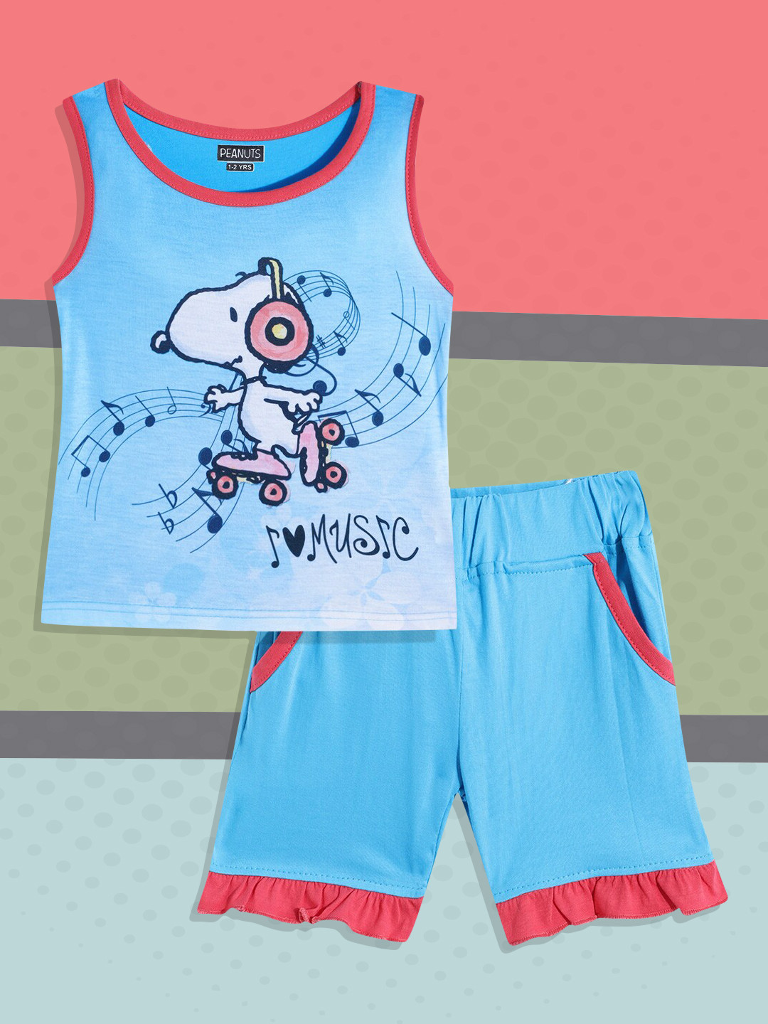 

Eteenz Girls Blue & White Snoopy Print Pure Cotton T-shirt with Shorts