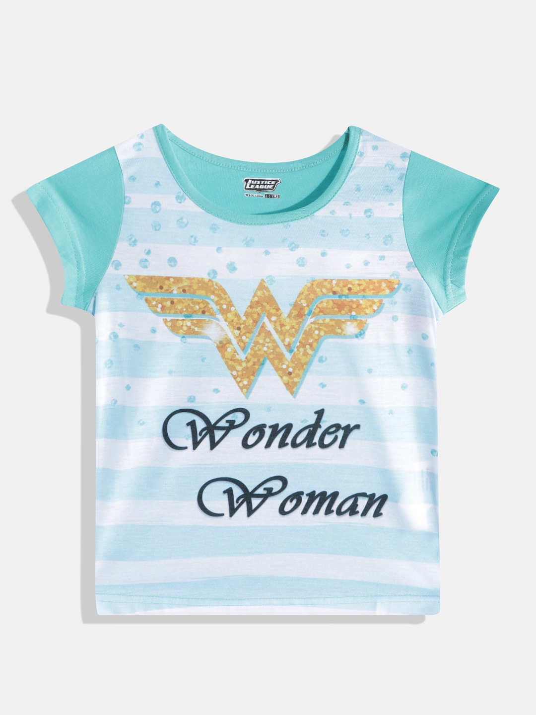 

Eteenz Girls Sea Green & Mustard Yellow Striped & Wonder Woman Print T-shirt