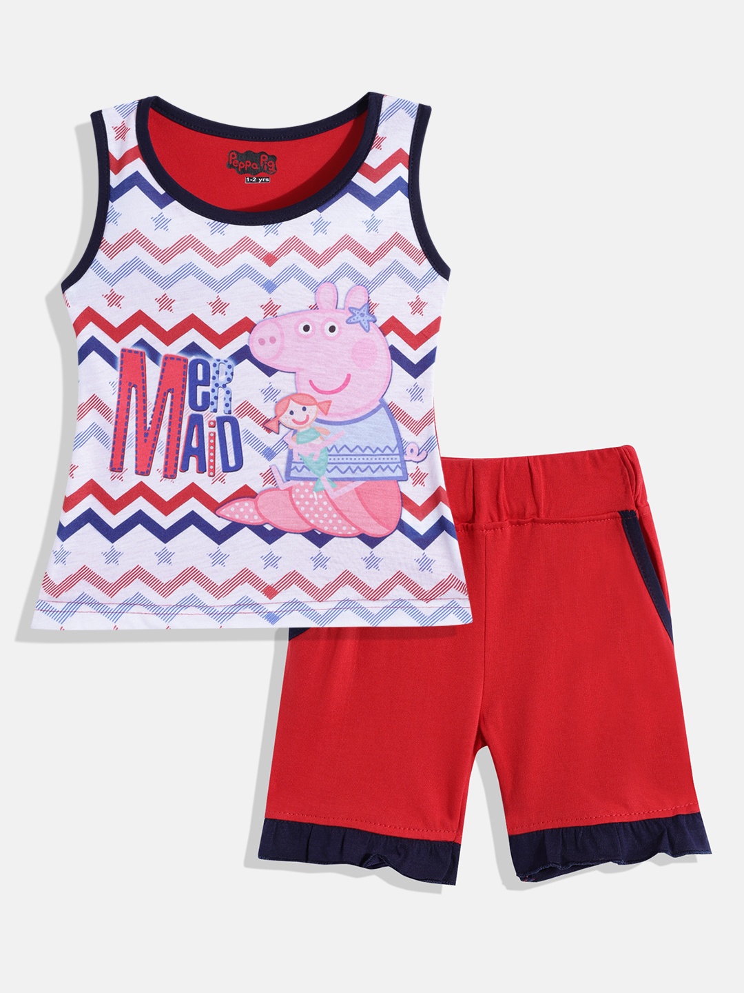 

Eteenz Girls White & Red Peppa Pig Print Pure Cotton T-shirt with Shorts