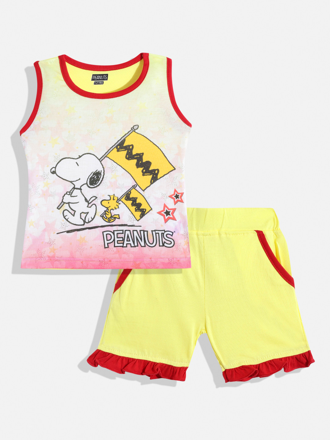 

Eteenz Girls Yellow & Pink Snoopy Print Pure Cotton T-shirt with Shorts