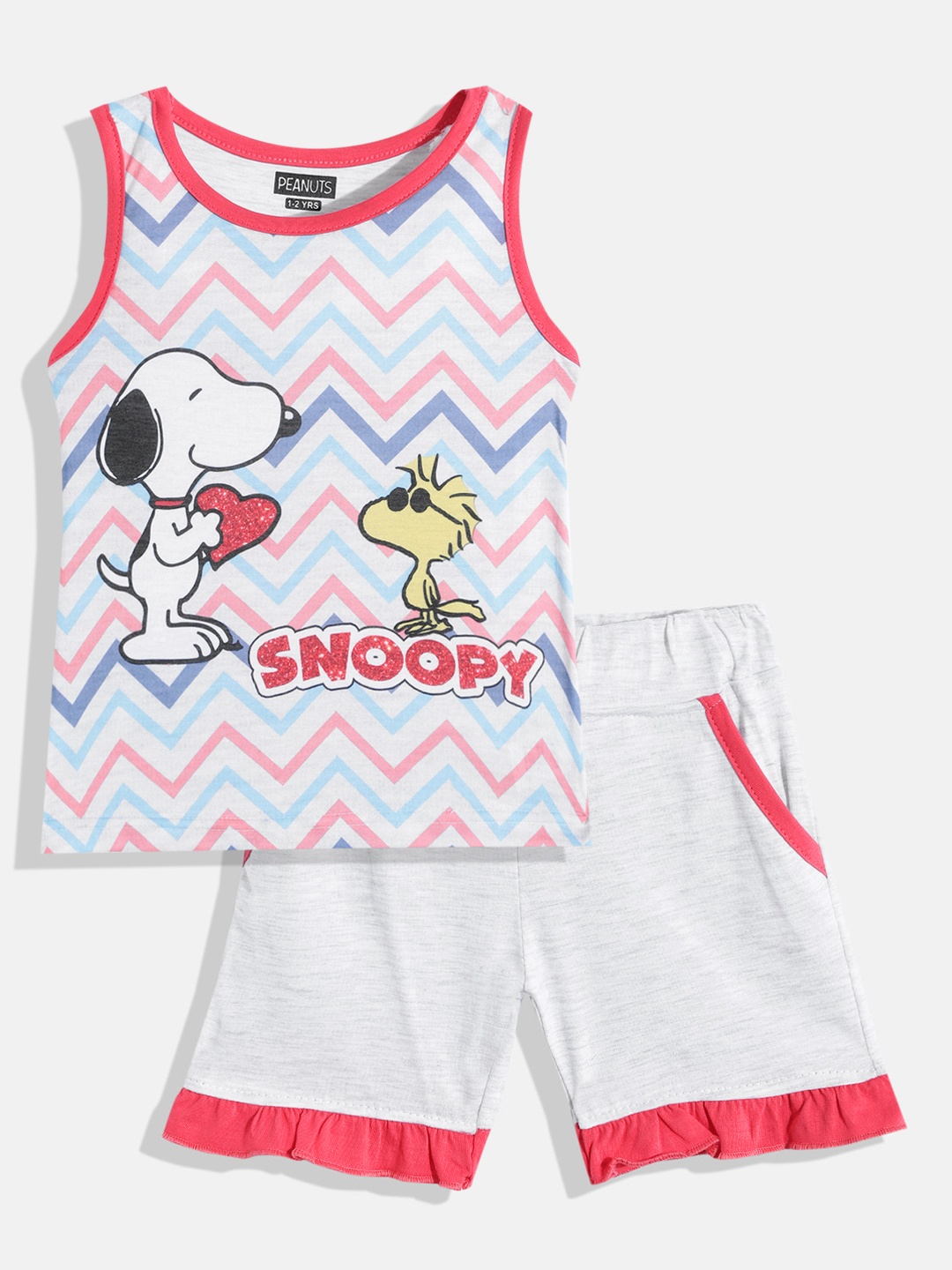 

Eteenz Girls Grey & Red Snoopy Print Pure Cotton T-shirt with Shorts