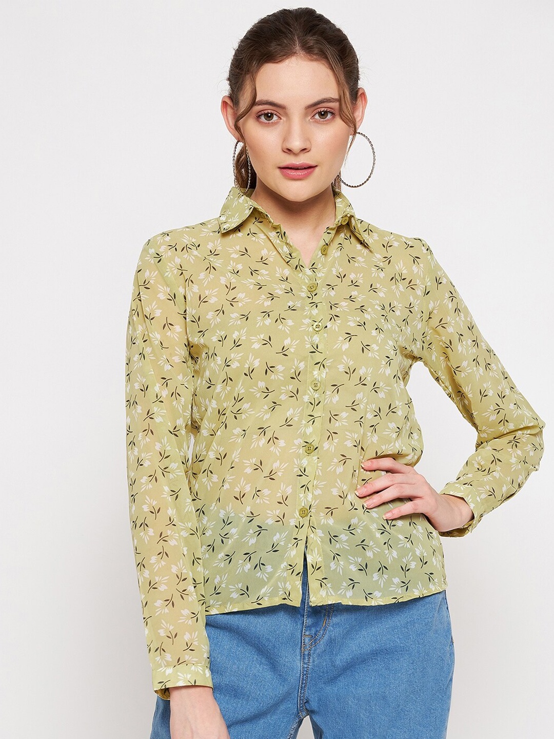 

PURYS Women Green Smart Floral Semi Sheer Printed Casual Shirt