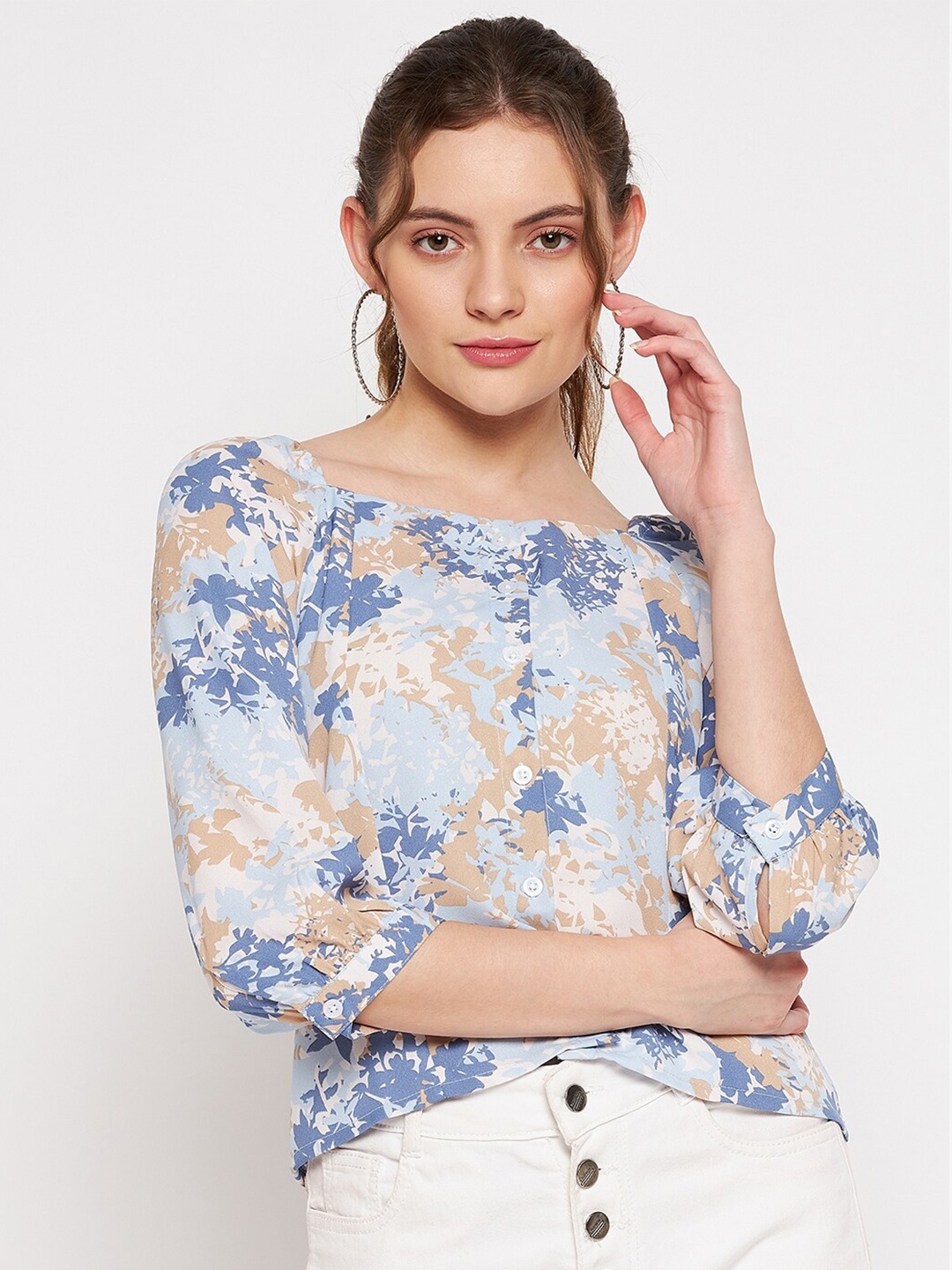 

PURYS Blue Floral Print Georgette Top