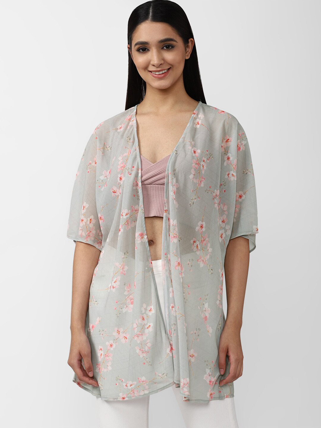 

FOREVER 21 Women Grey Floral Printed Longline Open Front Jacket