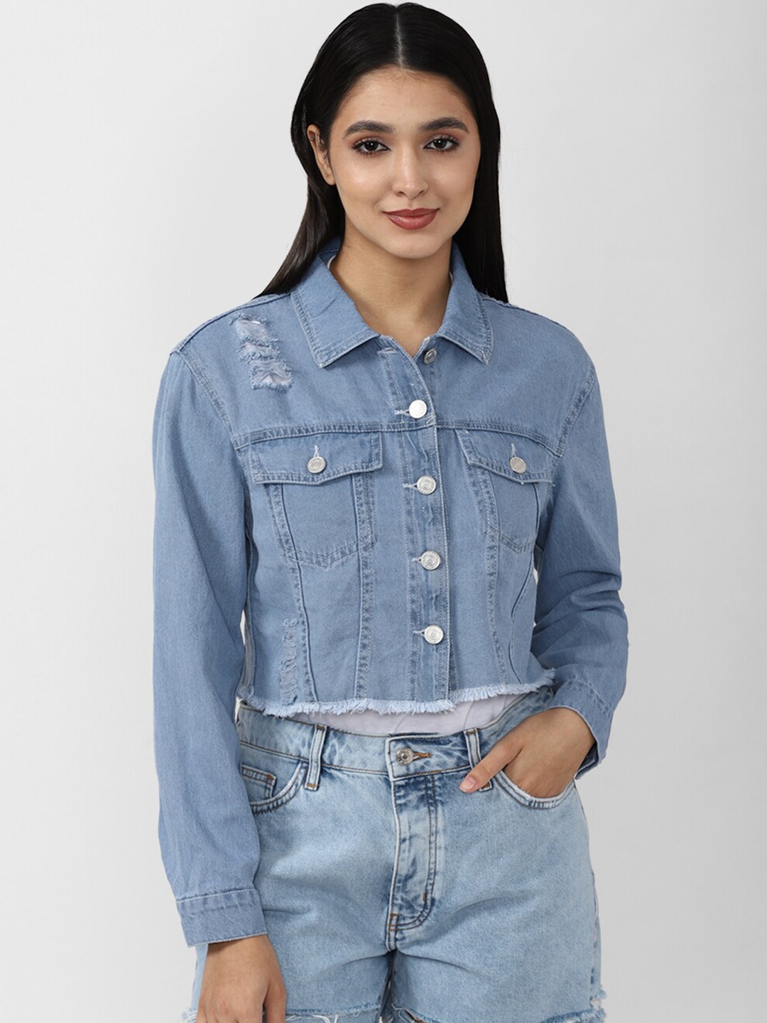 

FOREVER 21 Women Blue Washed Crop Denim Jacket