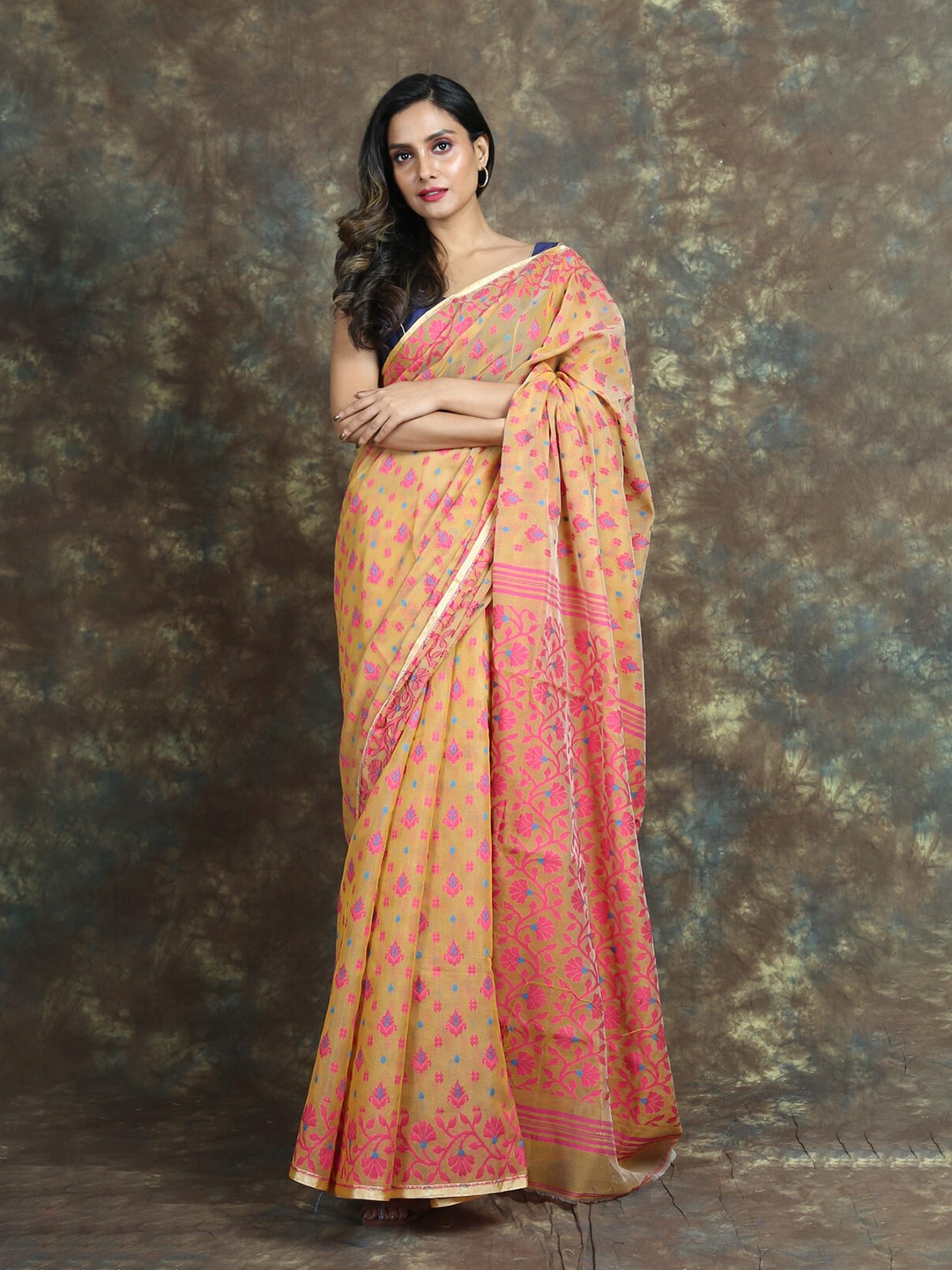 

Arhi Yellow & Pink Floral Zari Silk Cotton Jamdani Saree