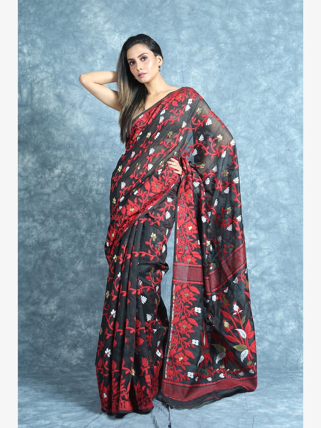 

Arhi Black & Red Woven Design Silk Cotton Jamdani Saree