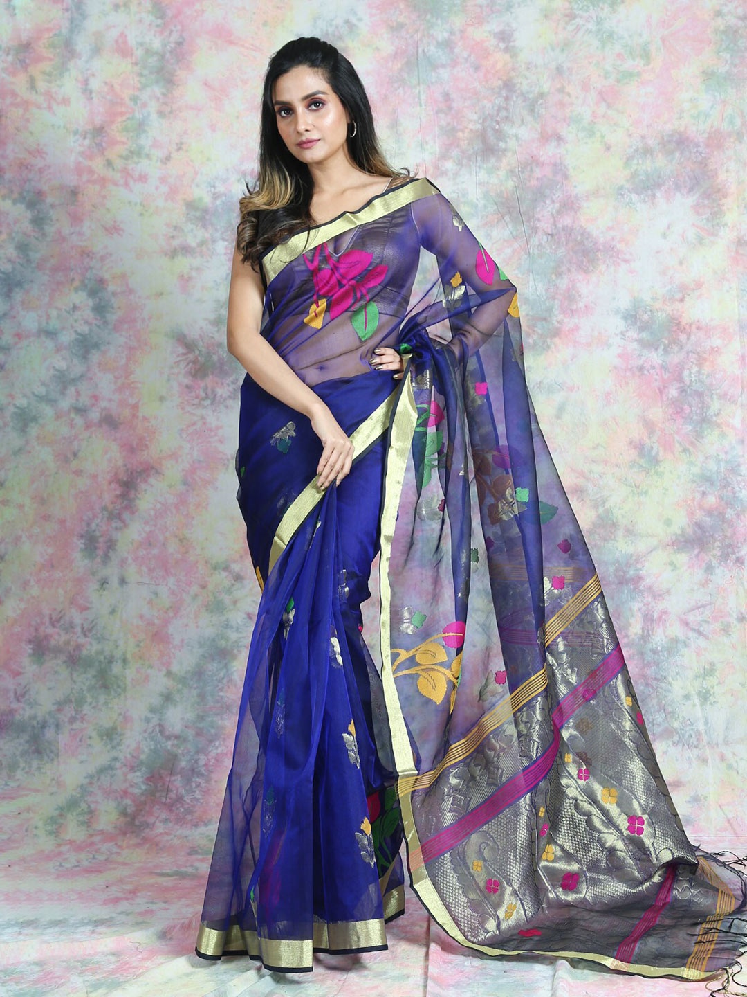 

Arhi Blue & Pink Floral Zari Pure Silk Saree