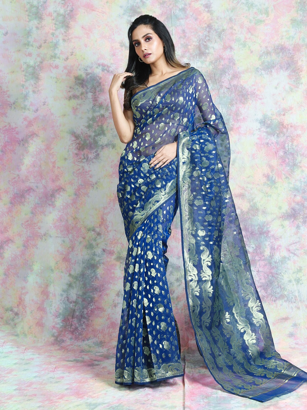 

Arhi Blue & Silver-Toned Woven Design Zari Silk Cotton Jamdani Saree