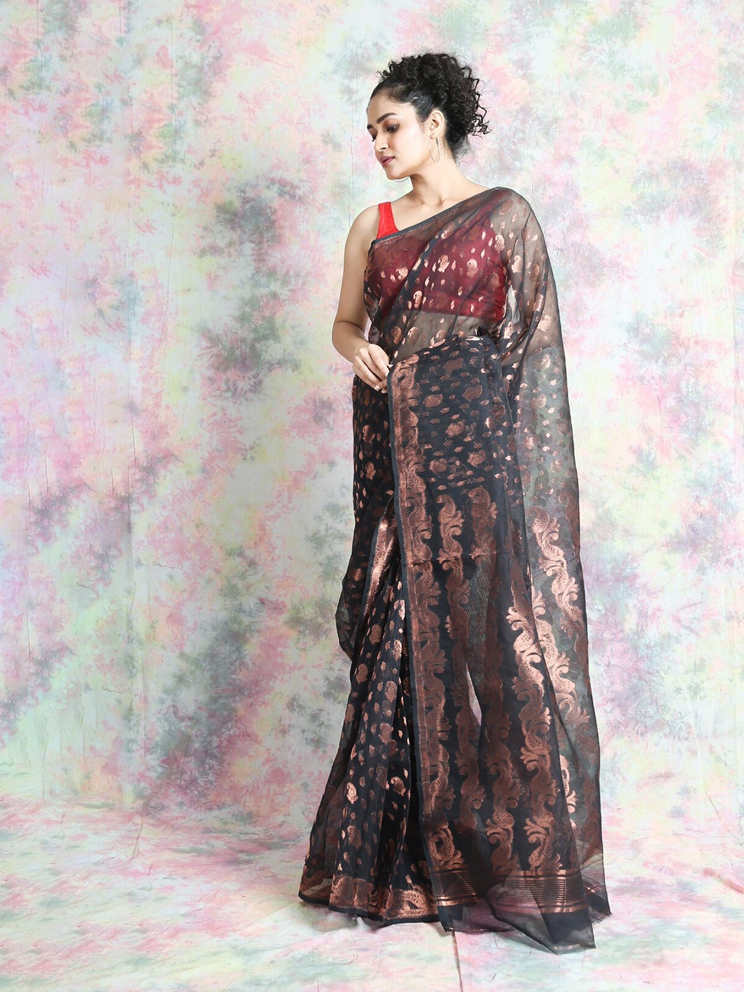

Arhi Black & Rose Gold Woven Design Silk Cotton Jamdani Saree