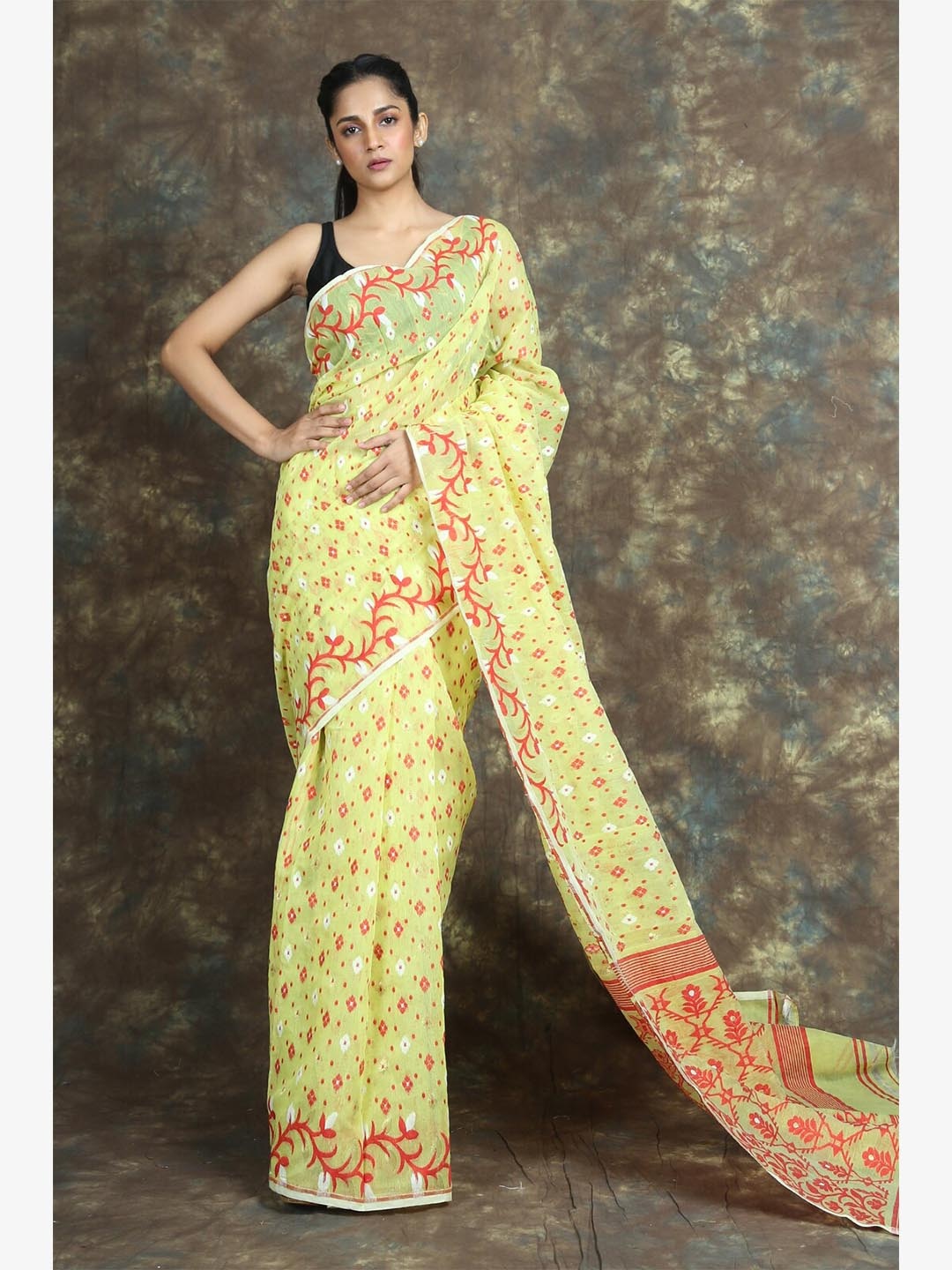

Arhi Yellow & Red Ethnic Motifs Silk Cotton Jamdani Saree