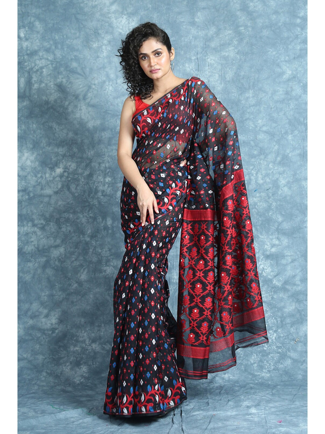 

Arhi Black & Blue Woven Design Silk Cotton Jamdani Saree