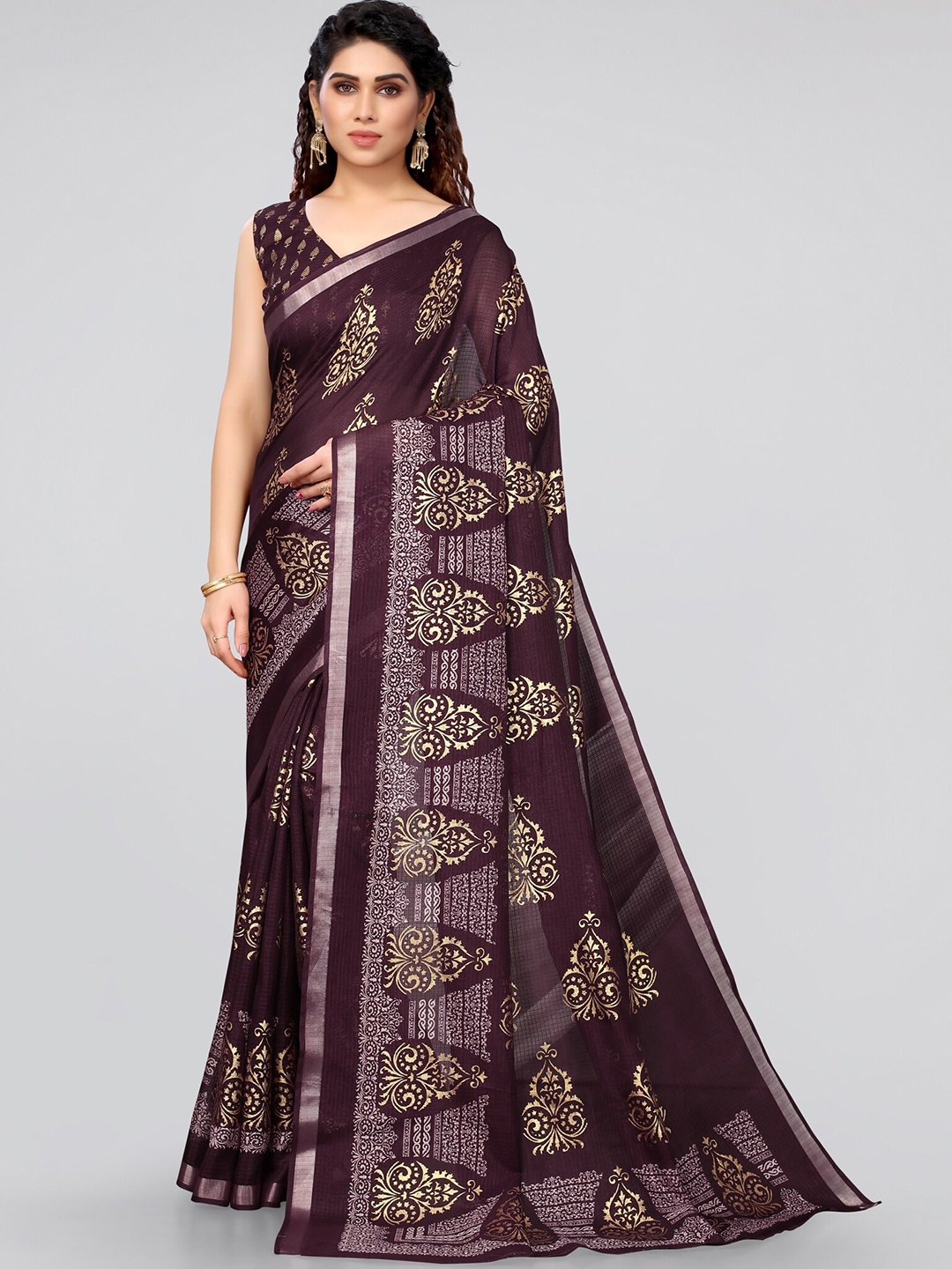 

MIRCHI FASHION Purple & Gold-Toned Ethnic Motifs Zari Kota Saree