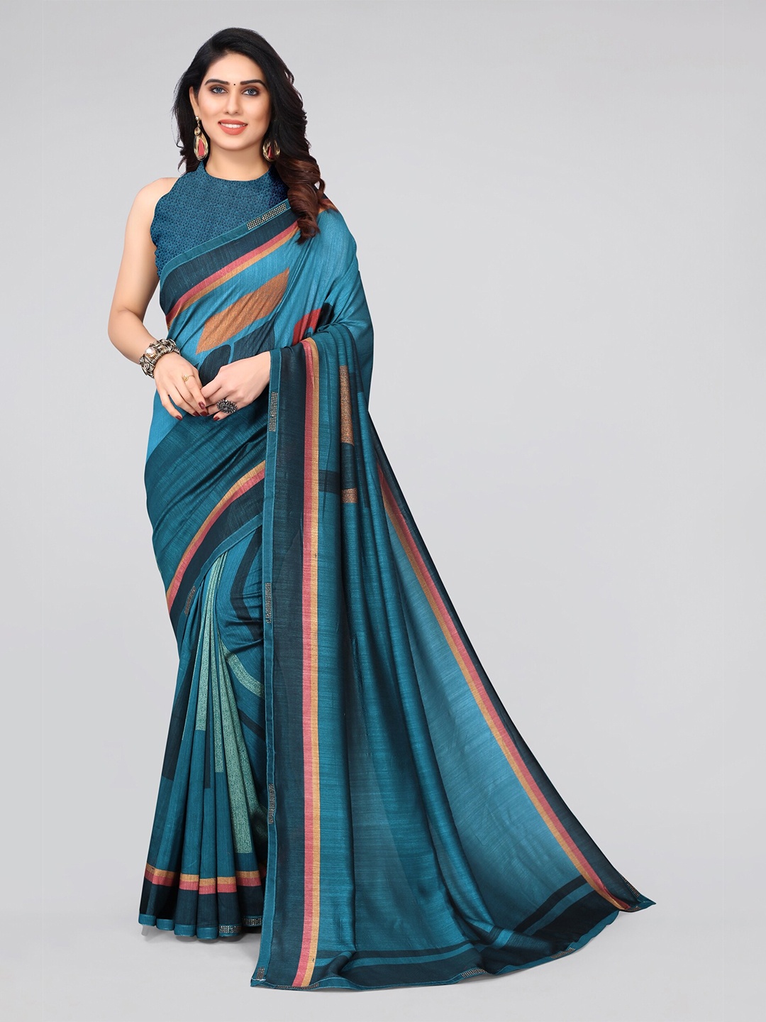 

MIRCHI FASHION Teal & Pink Colourblocked Silk Blend Saree