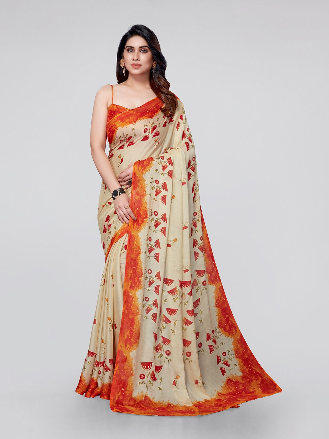 

MIRCHI FASHION Beige & Orange Floral Chiffon Saree