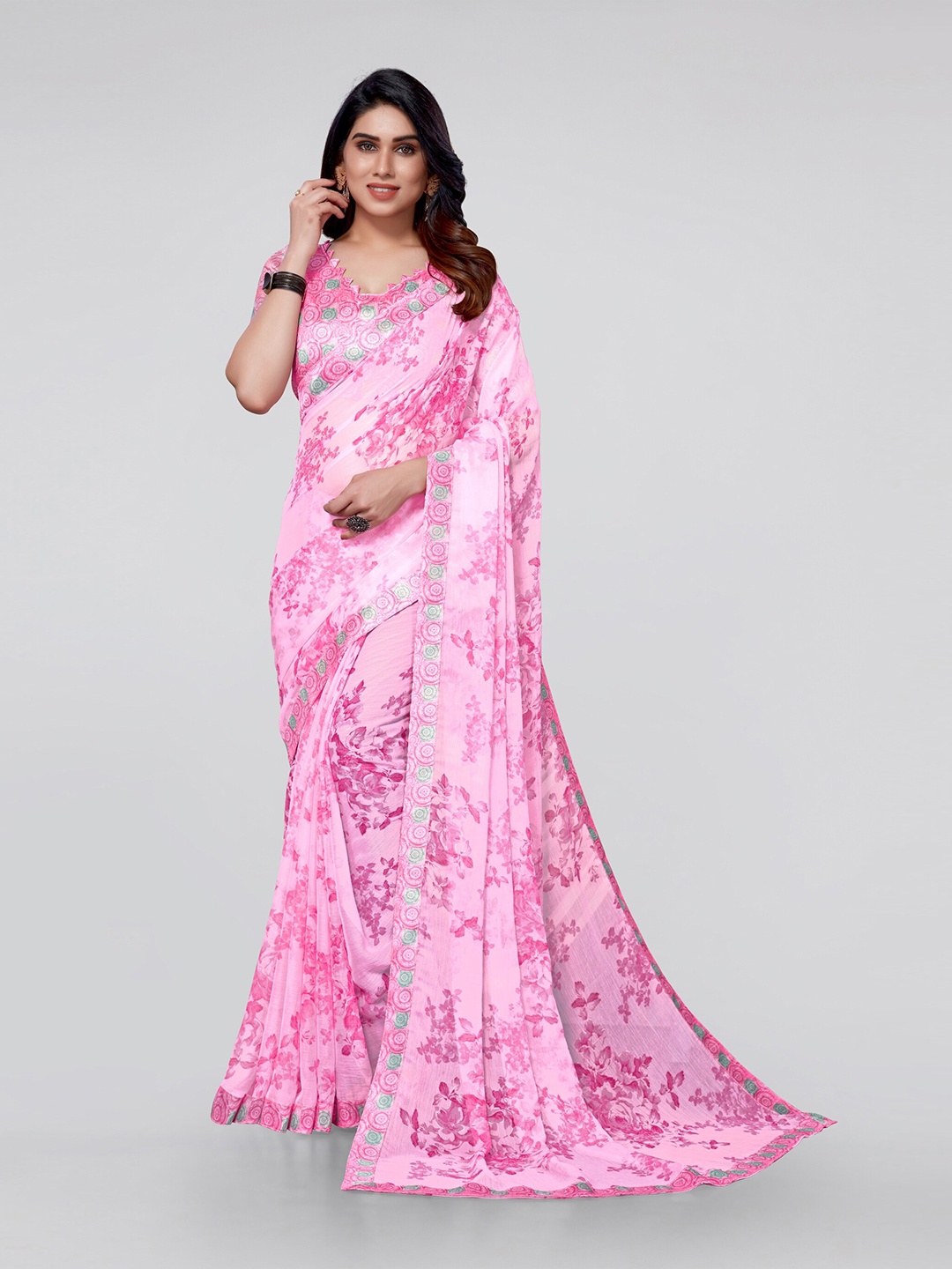 

KALINI Pink & Green Floral Saree