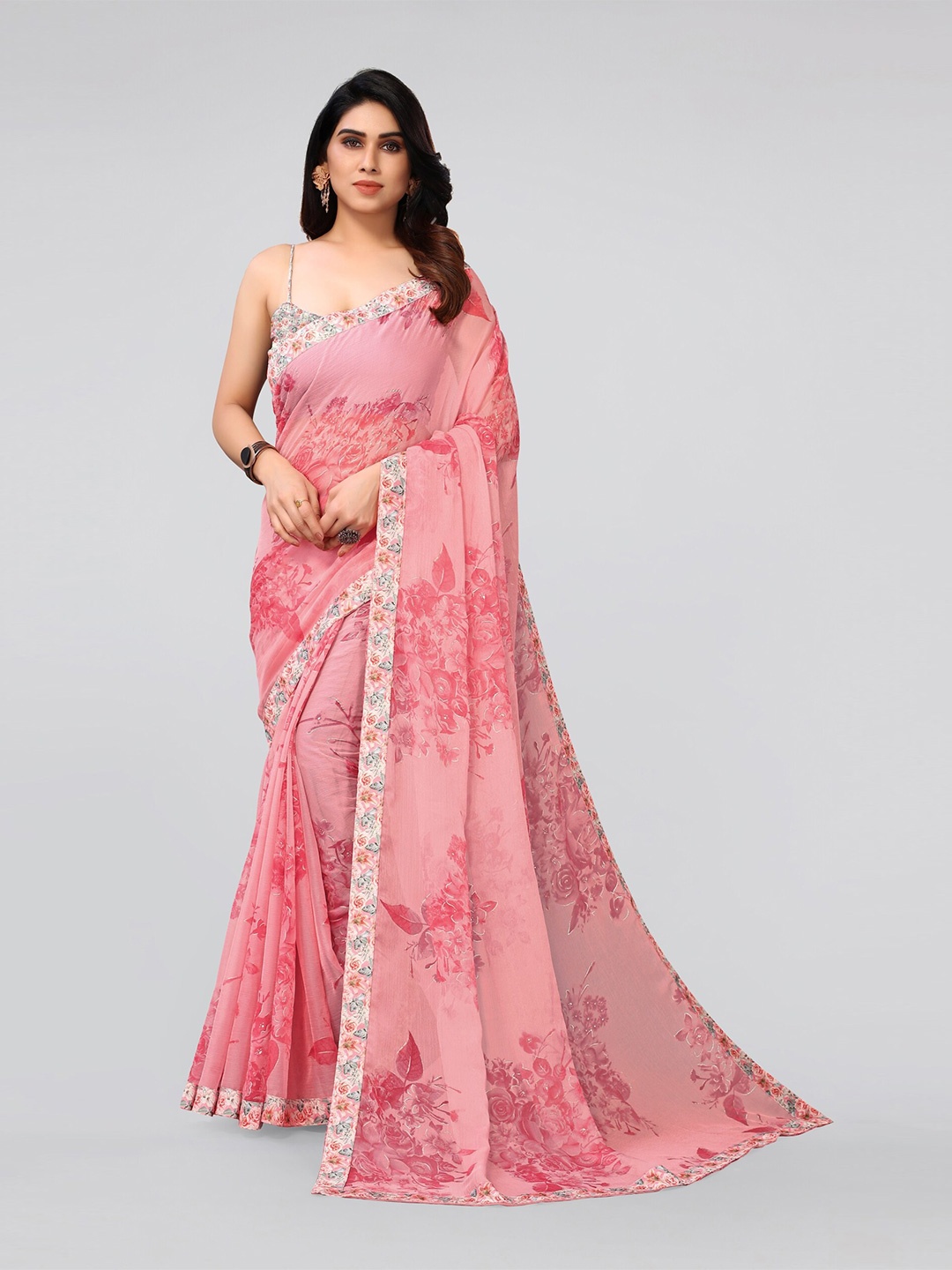 

MIRCHI FASHION Peach-Coloured & Blue Floral Printed Saree