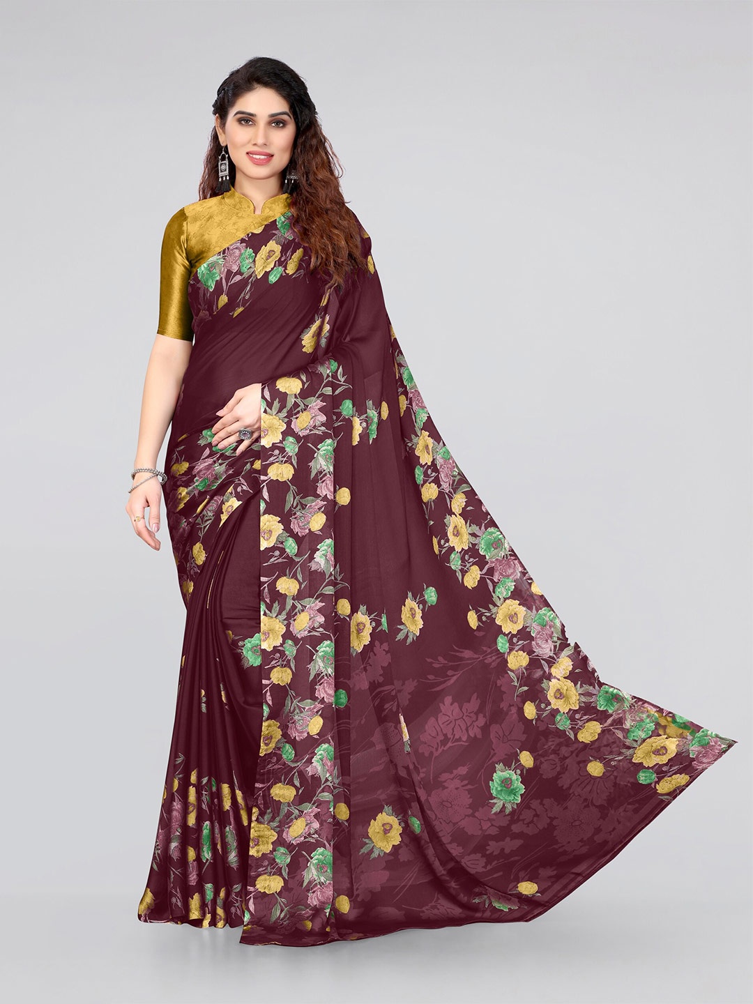 

MIRCHI FASHION Maroon & Green Chiffon Floral Saree