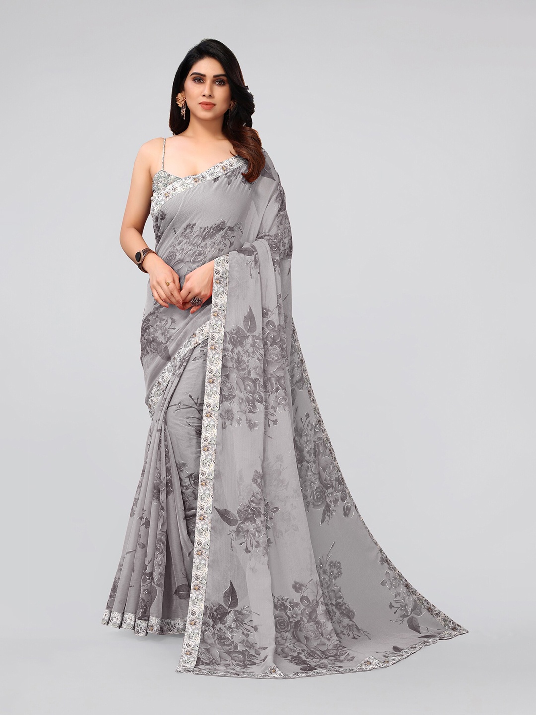 

MIRCHI FASHION Grey & Off White Floral Saree