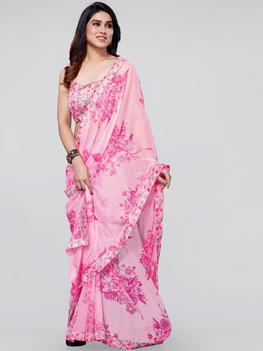 

MIRCHI FASHION Pink & Grey Chiffon Floral Saree