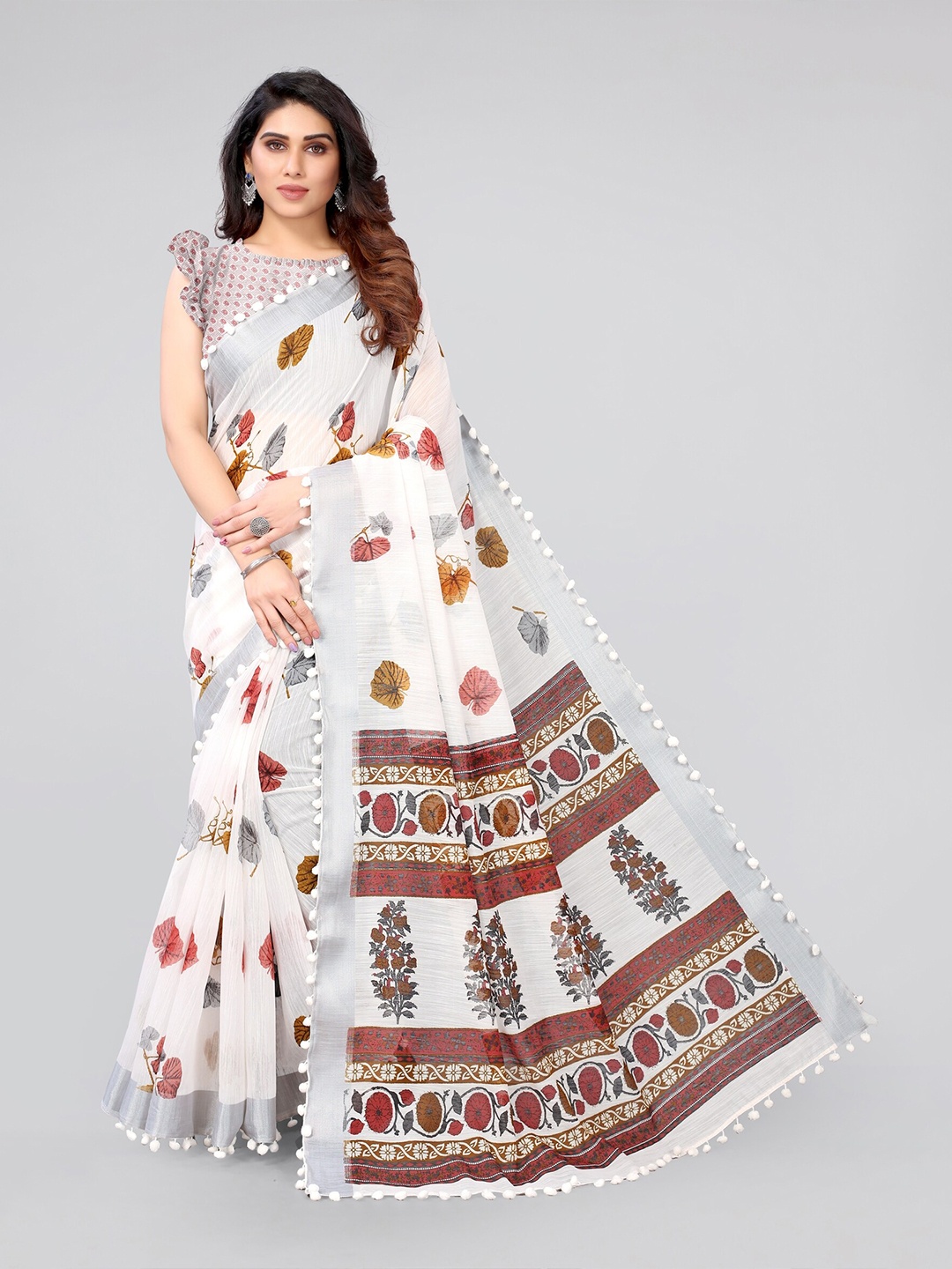 

MIRCHI FASHION White & Brown Floral Zari Saree