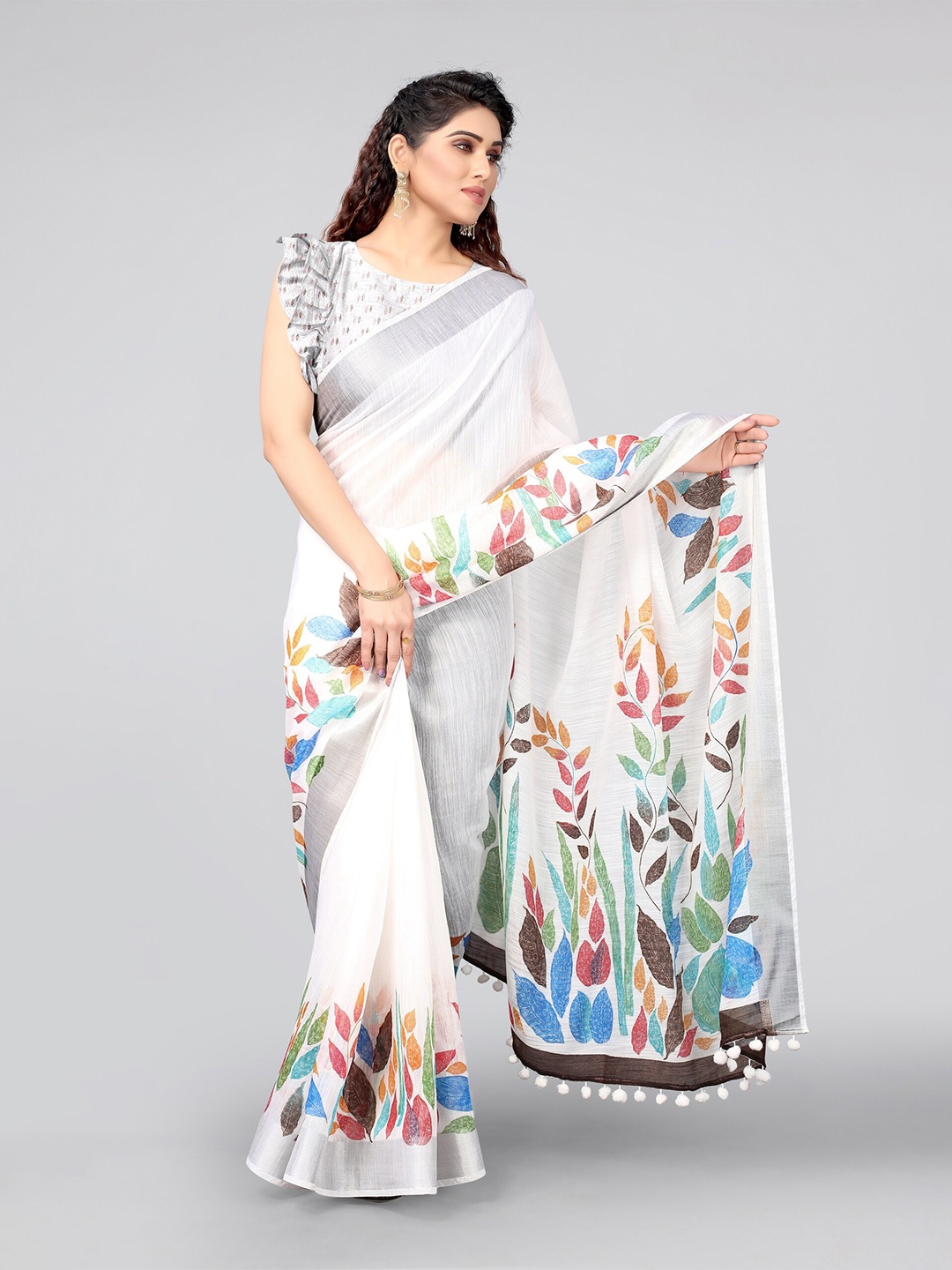 

MIRCHI FASHION White & Blue Floral Zari Saree