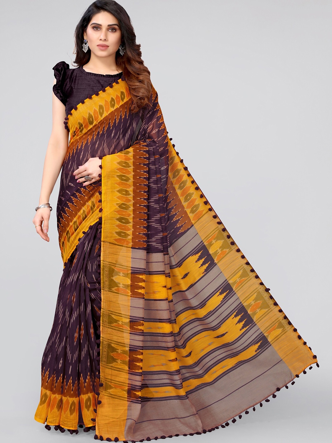 

MIRCHI FASHION Burgundy & Yellow Ikat Cotton Blend Saree