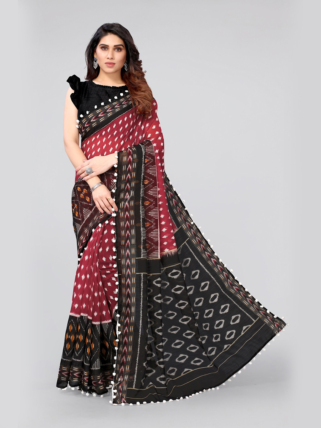 

MIRCHI FASHION Red & Black Batik Ikat Saree