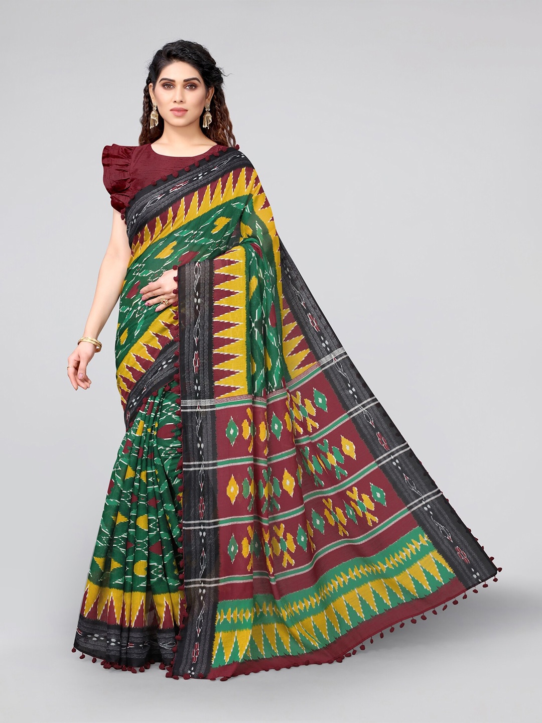 

MIRCHI FASHION Green & Yellow Striped Ikat Saree