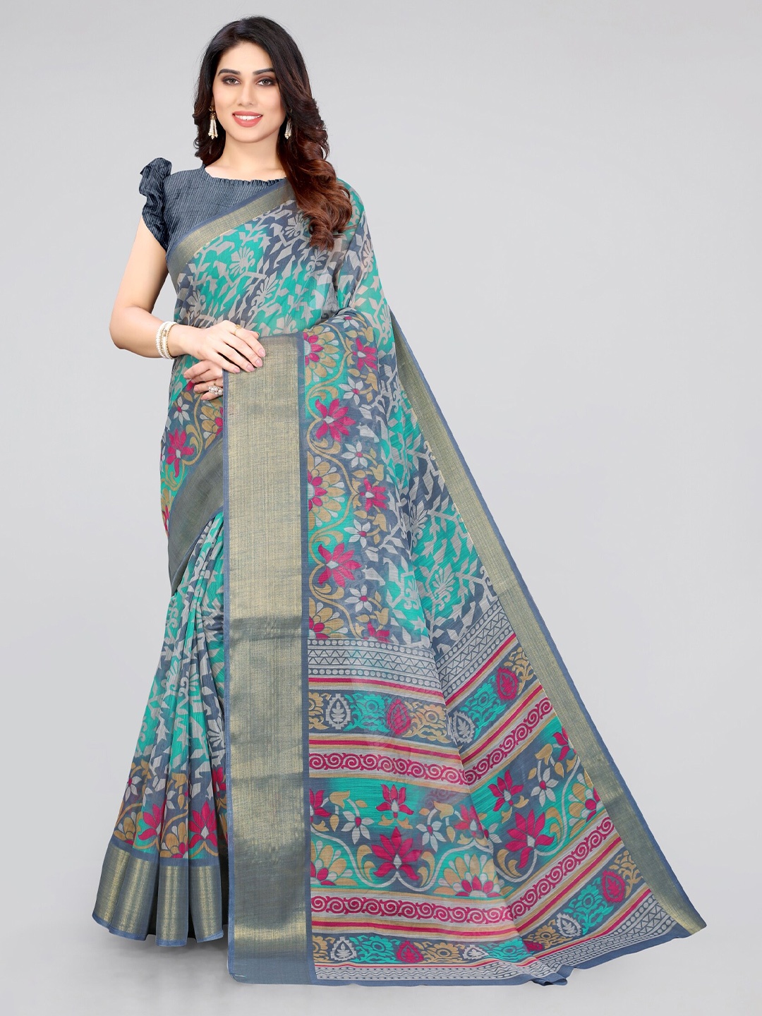 

MIRCHI FASHION Teal & Pink Floral Printed Zari Cotton Blend Saree