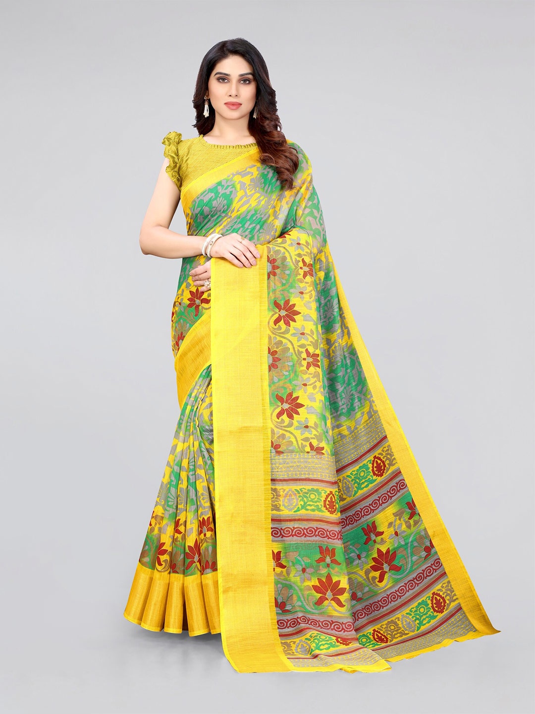 

MIRCHI FASHION Yellow & Green Floral Zari Saree