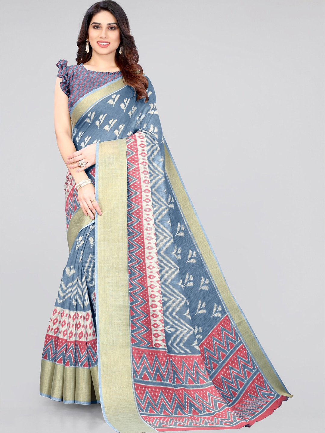 

MIRCHI FASHION Grey & Red Floral Zari Ikat Saree