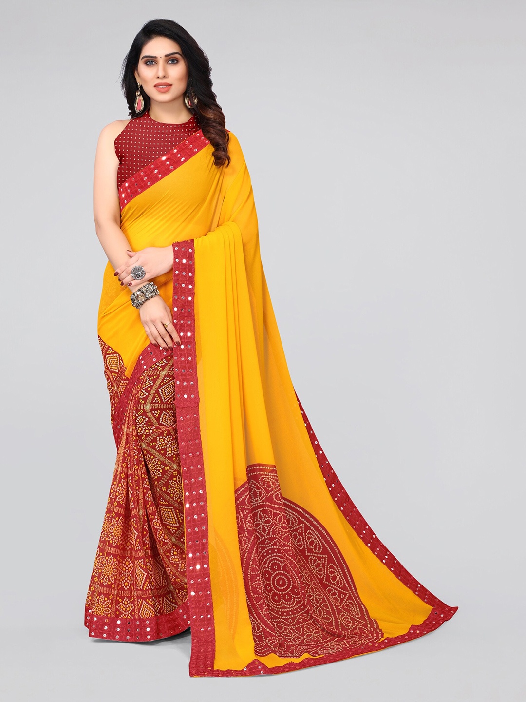 

MIRCHI FASHION Yellow & Red Sequinned Half and Half Bandhani Saree