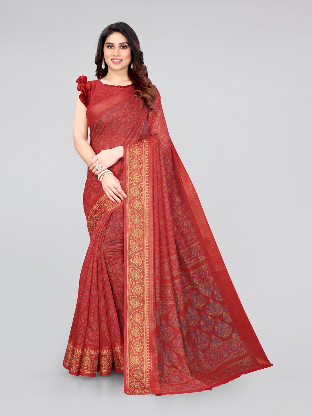 

MIRCHI FASHION Red & Gold-Toned Floral Zari Bagru Saree