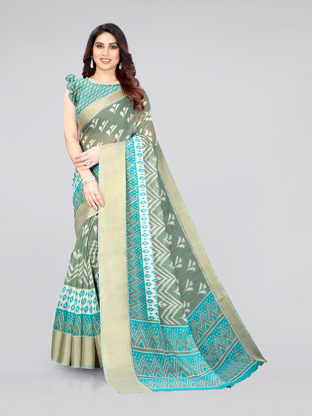 

MIRCHI FASHION Olive Green & Blue Floral Ikat Print Saree