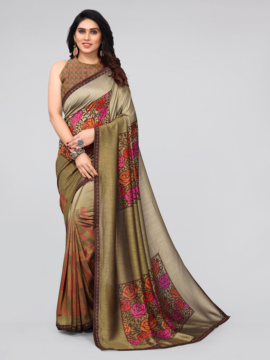 

MIRCHI FASHION Khaki & Pink Floral Silk Blend Saree