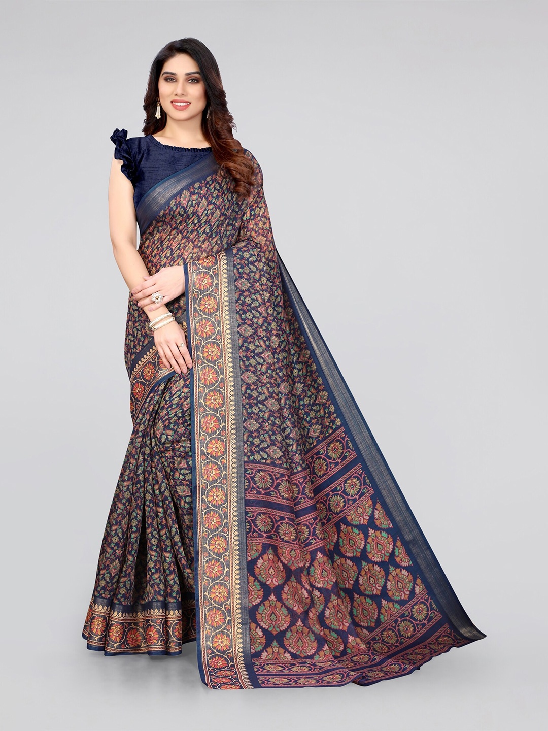 

MIRCHI FASHION Navy Blue & Silver-Toned Floral Zari Bagru Saree