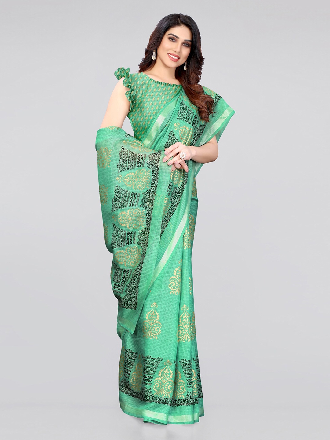 

MIRCHI FASHION Green & Black Ethnic Motifs Zari Saree