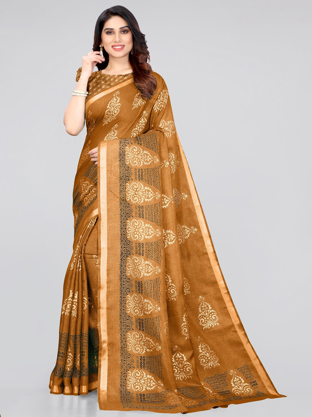 

MIRCHI FASHION Rust & Gold-Toned Woven Design Zari Saree