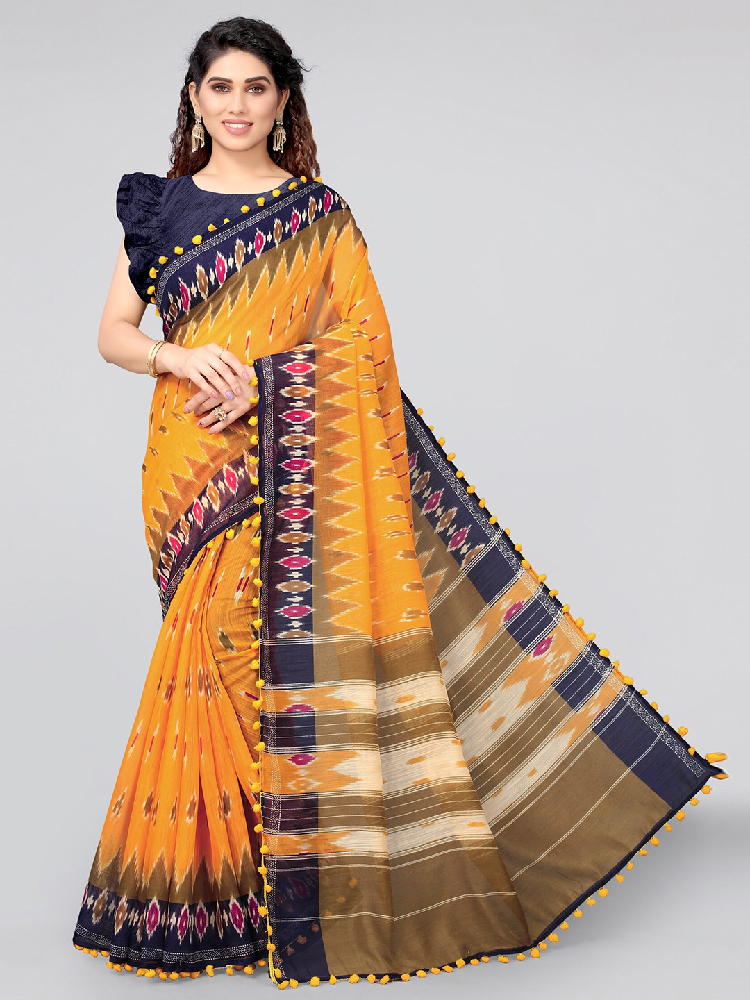 

MIRCHI FASHION Yellow & Blue Ikat Saree