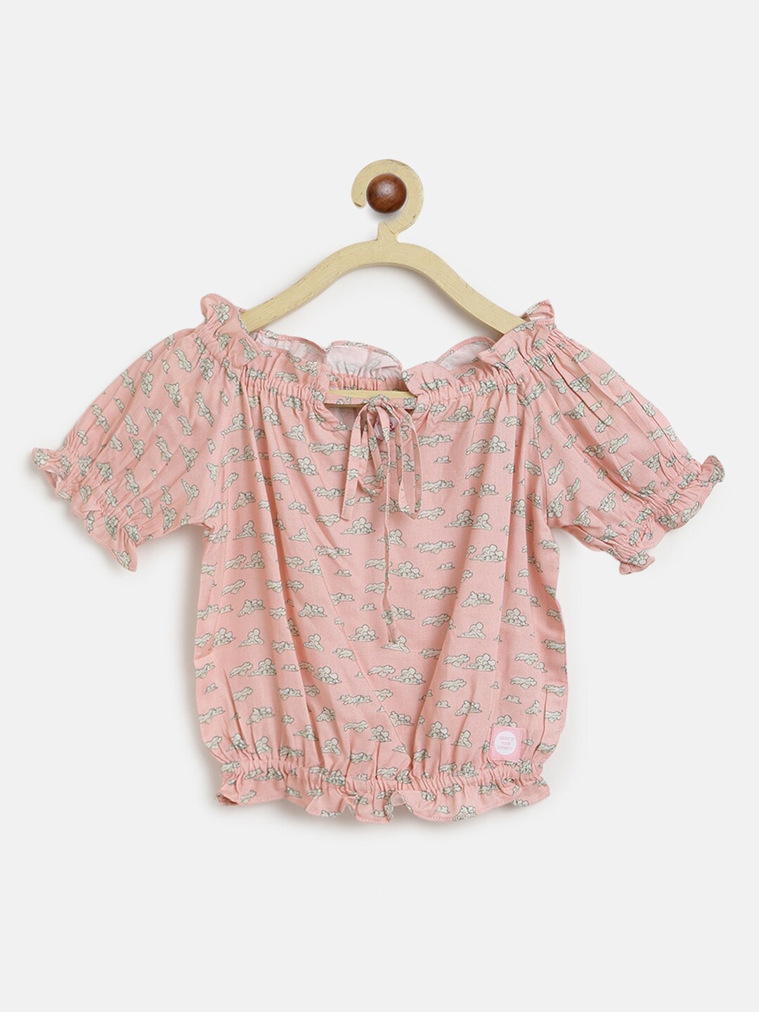 

TALES & STORIES Peach-Coloured & Off White Print Tie-Up Neck Blouson Top