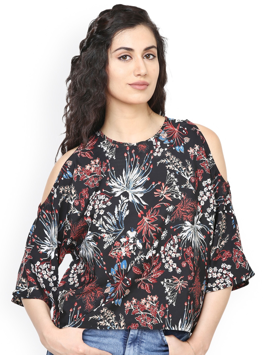 

Harpa Women Black Floral Printed Cold Shoulder Top