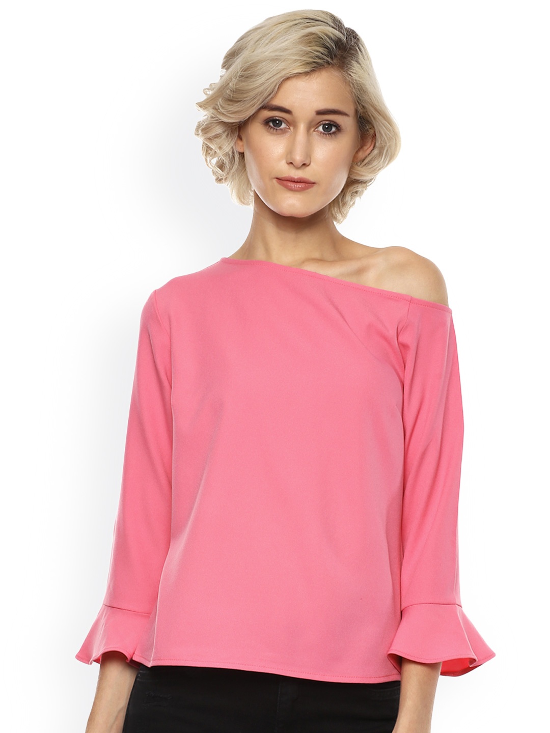 

Harpa Women Pink Solid One-Shoulder Top