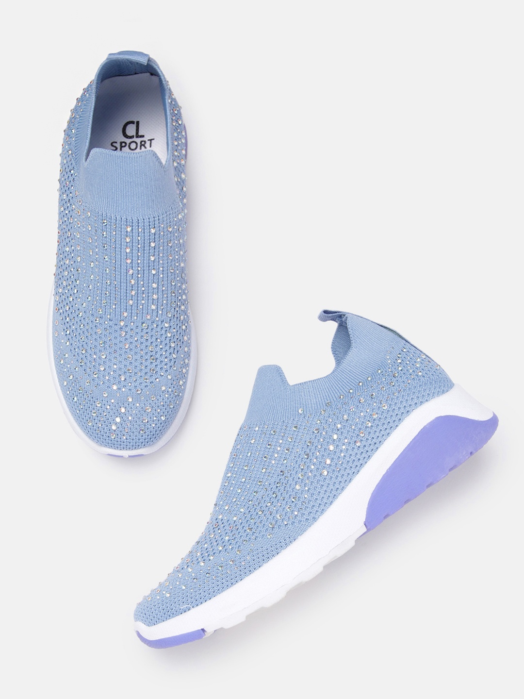 

Carlton London sports Women Blue Stone Embellished Woven Design Slip-On Sneakers
