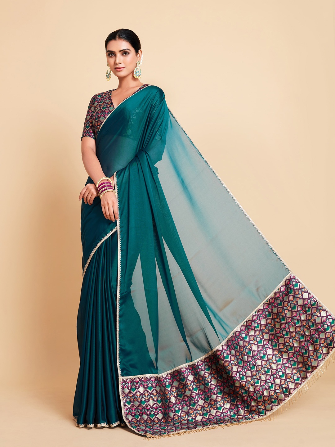 

all about you Women Teal Blue Silk Blend Saree